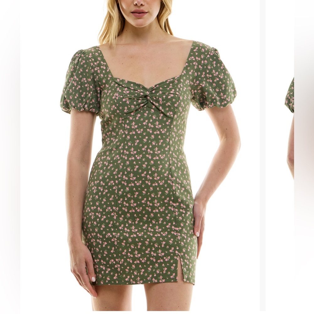 Floral Print Bodycon front twist dress Olive and Pink floral accents